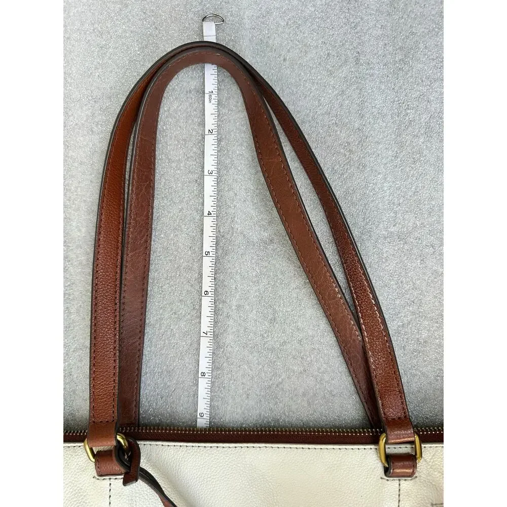 Fossil Genuine Leather Colorblock Tote Bag Ivory Cognac Brown Key Charm